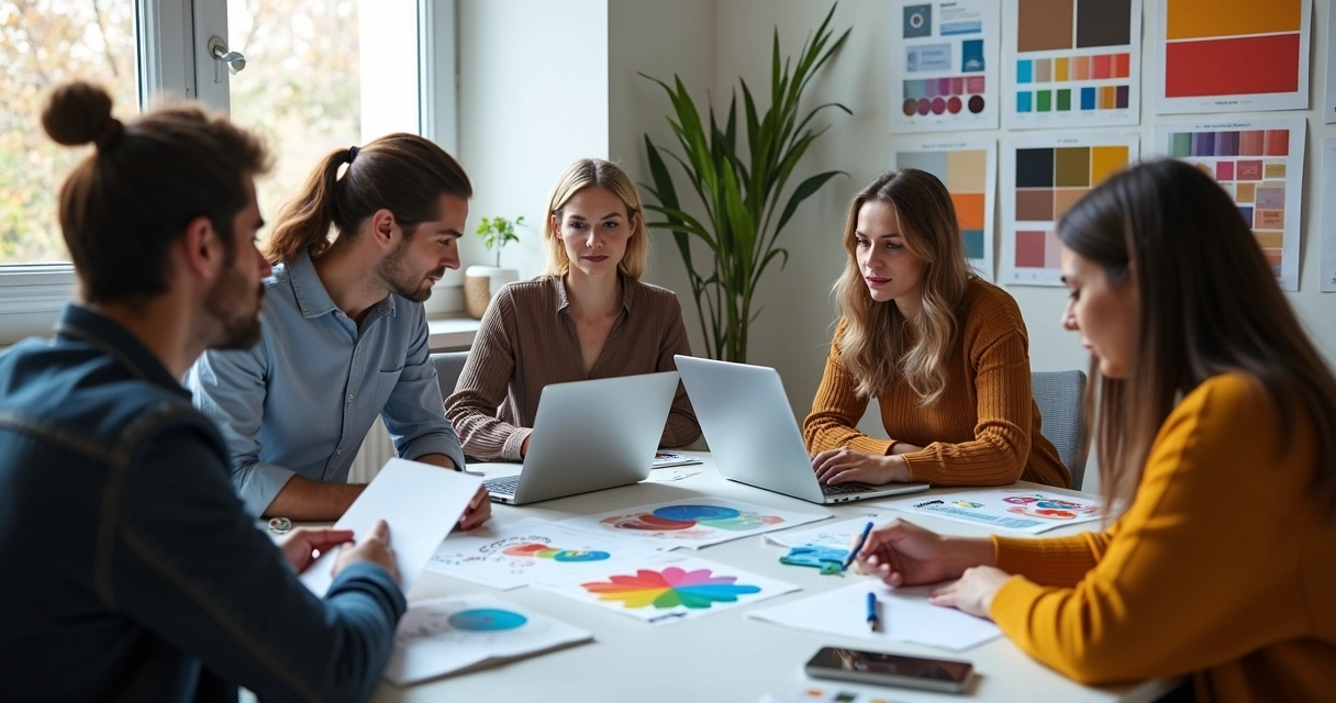 Executivos analisando identidade visual de uma marca com diferentes materiais e telas 