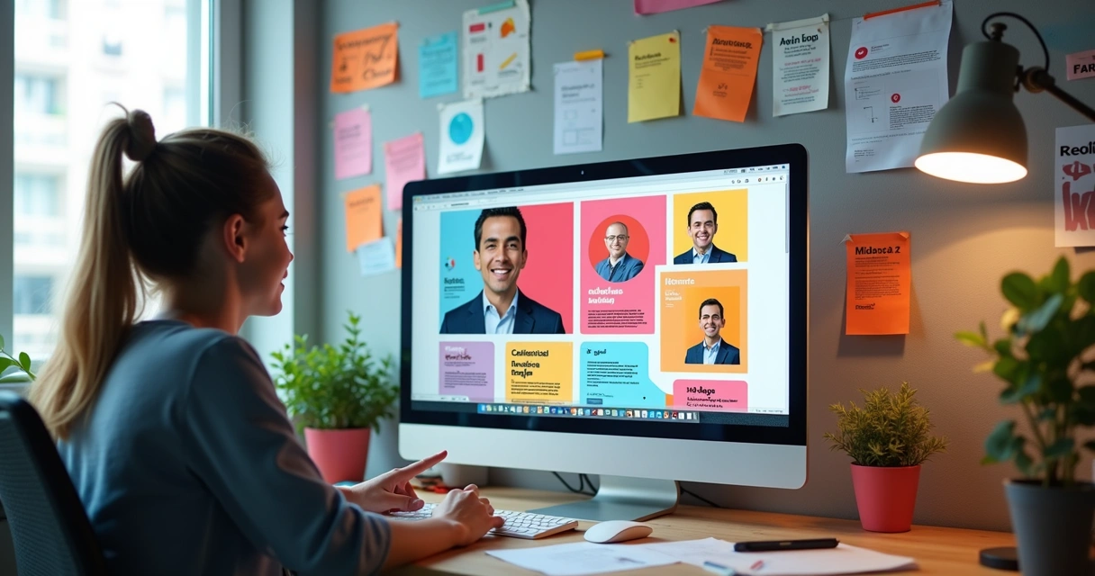 Designer cria identidade visual política em computador com símbolos e cores vibrantes 