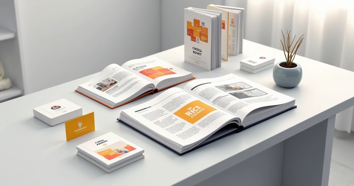 Diversos materiais digitais e impressos de uma marca, todos alinhados visualmente 