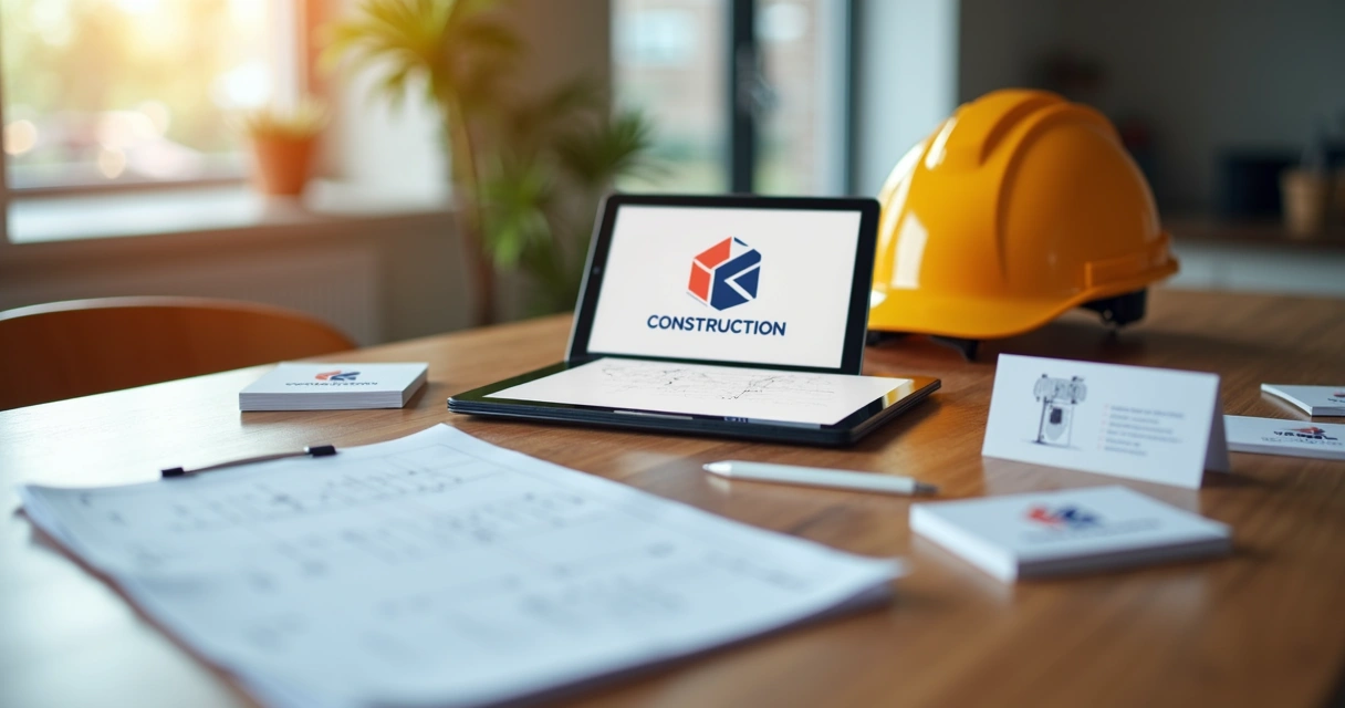 Elementos de identidade visual para empresa de construção apresentados em mesa. 