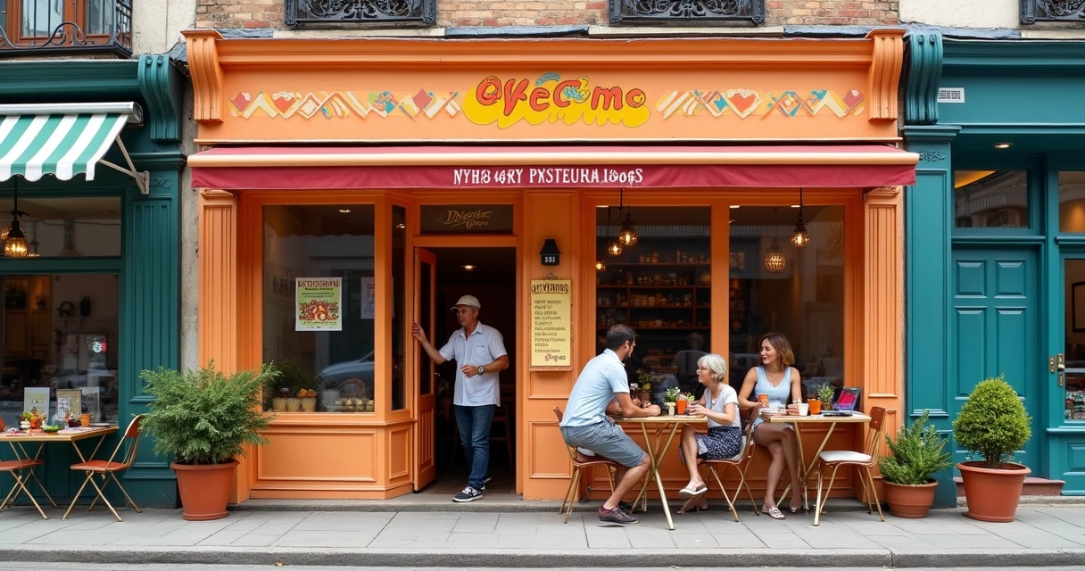 Pequena empresa com fachada de identidade visual marcante e clientes felizes 