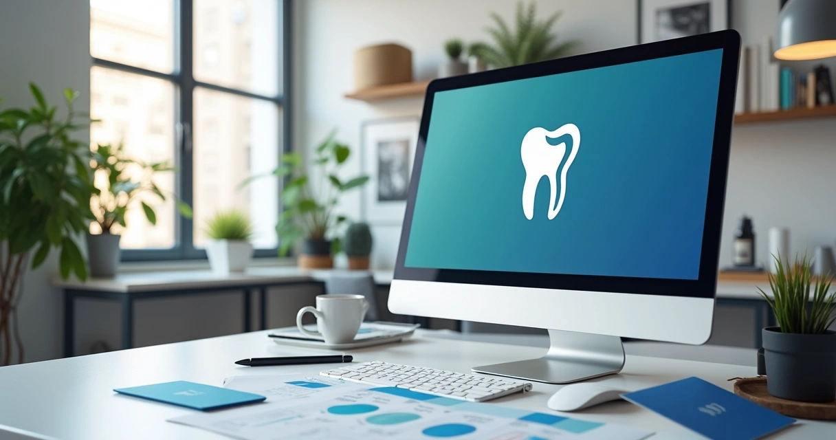 Ambiente de escritório de design com computador mostrando logotipo de dentista e paleta de cores no monitor 