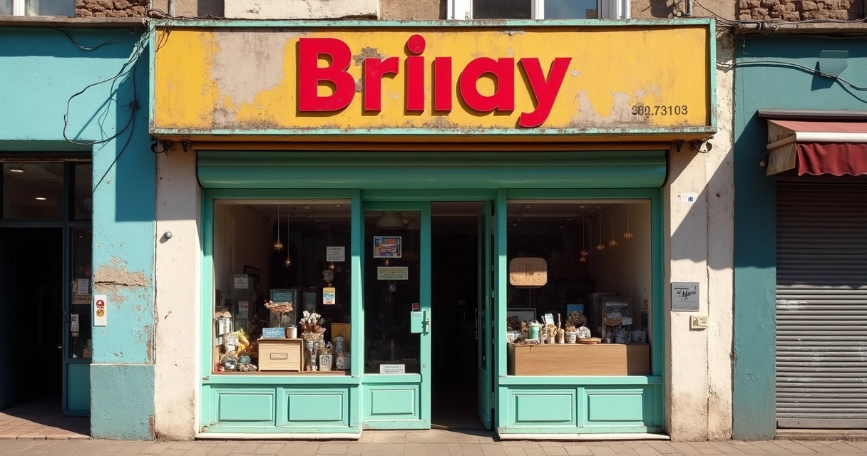 Fachada de loja com cores e logotipo desalinhados, transmitindo falta de cuidado visual