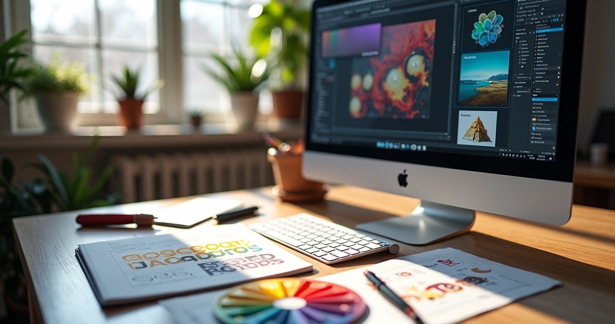 Mesa de trabalho com computador exibindo programa de design, caderno aberto, paleta de cores e elementos gráficos variados em ambiente moderno e bem iluminado 