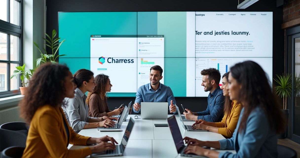 Equipe reunida em frente a vários dispositivos mostrando a identidade visual de uma marca 