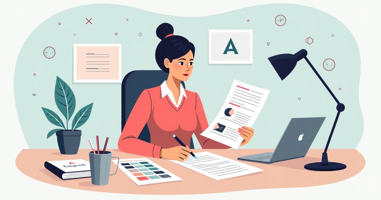 Ilustração corporativa mostrando uma mesa de trabalho com elementos gráficos de identidade visual como paleta de cores, tipografia e logotipo, com mulher empreendedora analisando e criando a marca 