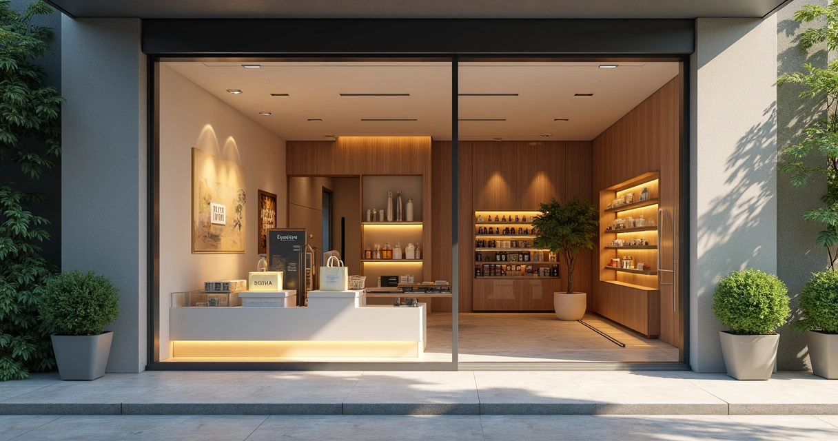 Logotipo e elementos de identidade visual aplicados em fachada e embalagens 