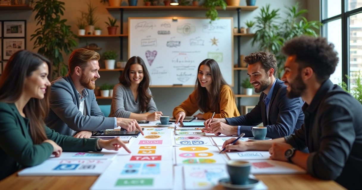 Equipe discutindo identidade visual em escritório 