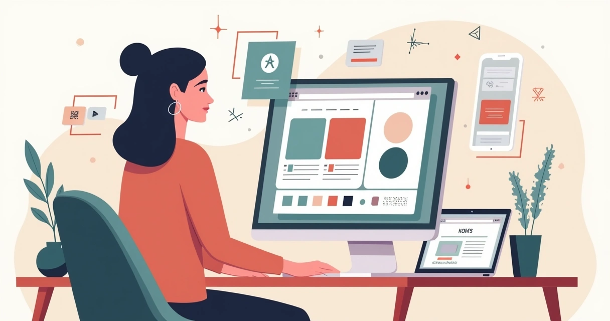 Mulher empreendedora analisando elementos de identidade visual no computador 