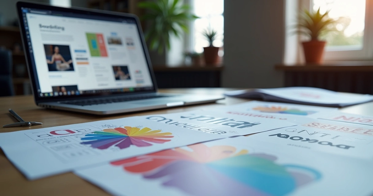 Mesa de trabalho com esboços de identidade visual, cores desalinhadas e fontes inconsistentes 