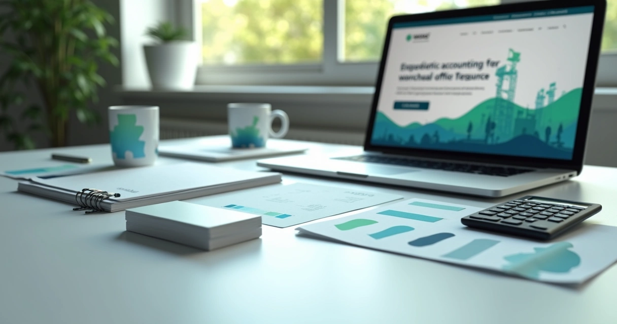 Elementos de identidade visual de escritório contábil espalhados em mesa com notebook 