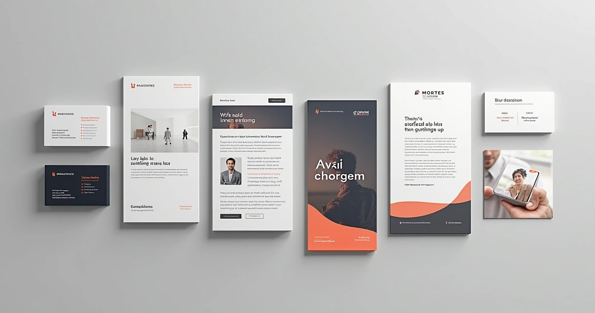 Elementos de identidade visual alinhados em materiais de marketing 