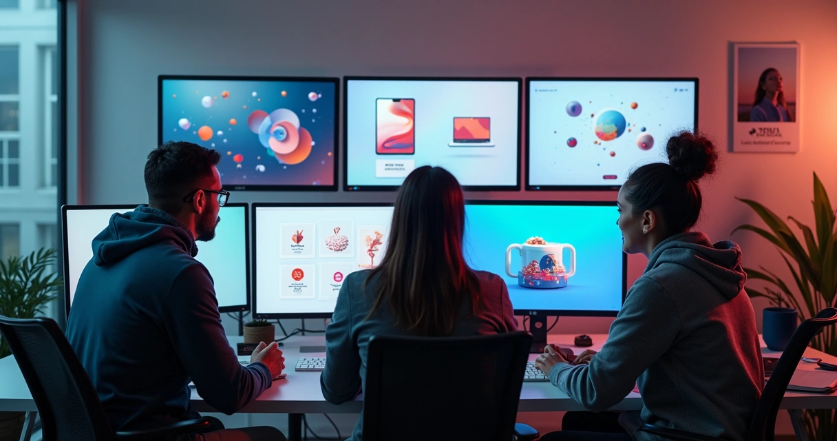 Equipe criando visual de marca com IA 