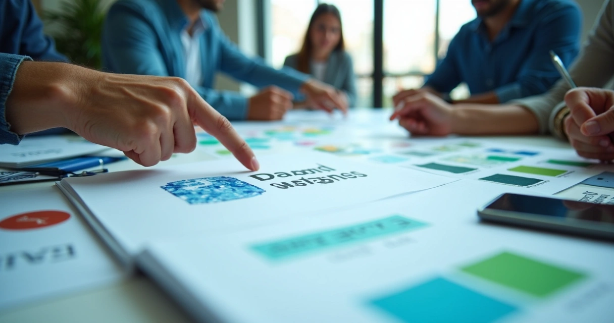 Elementos visuais de uma identidade institucional, como logotipo e paleta de cores