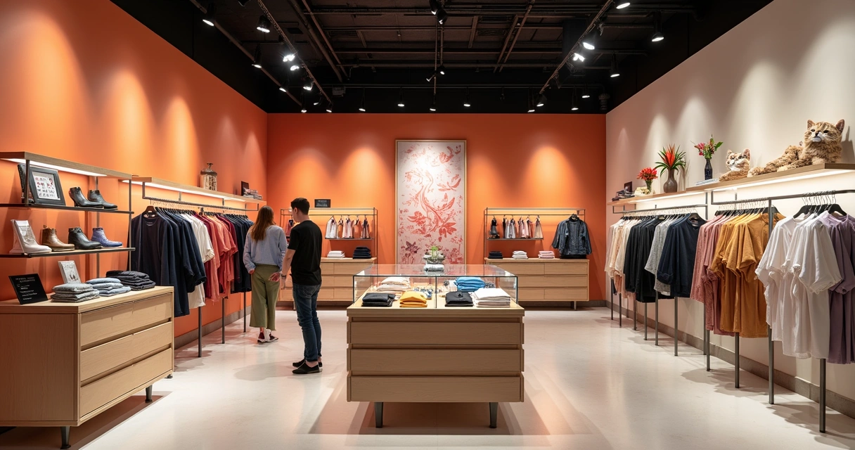 Interior de loja com elementos de identidade visual, cores e decoração da marca 