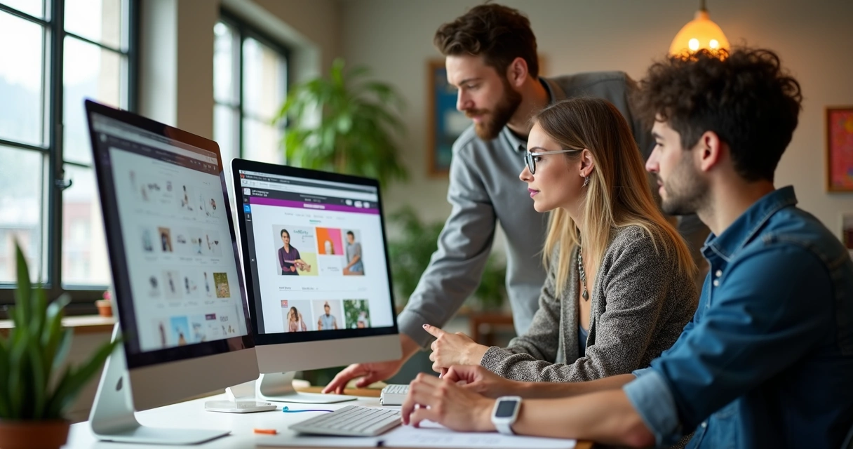 Equipe trabalhando na personalização visual de uma loja virtual em monitores 