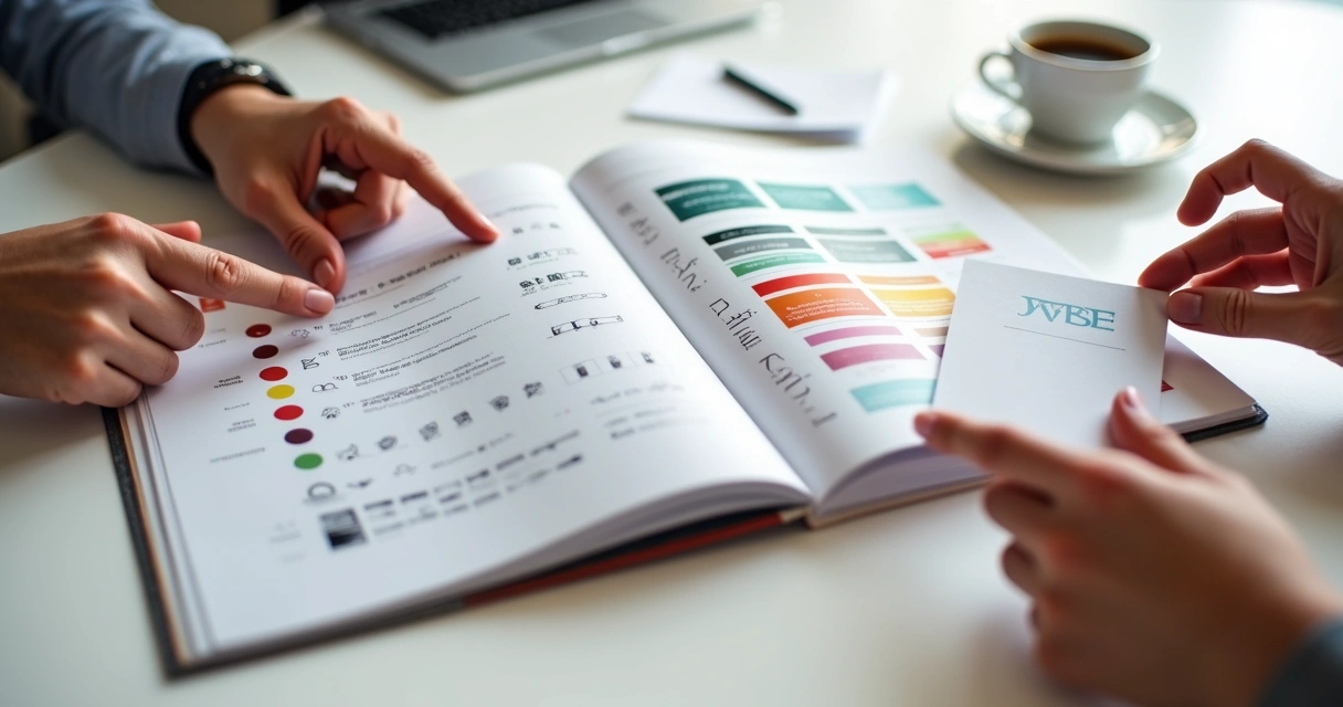 Conjunto de elementos de identidade visual sobre fundo claro 