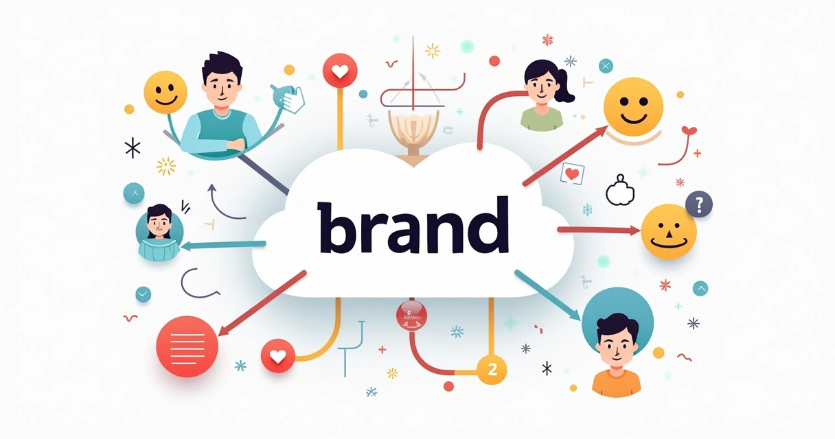 Gráfico mostrando elementos visuais como logotipo, cores e tipografia agrupados em torno de uma marca central 