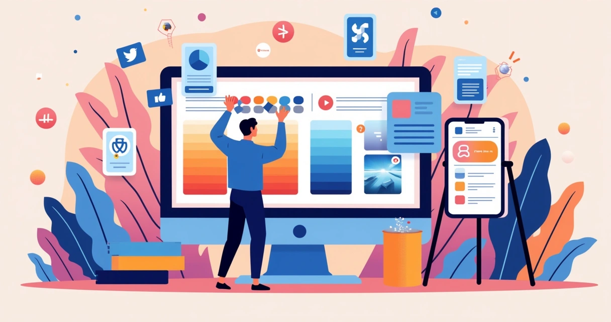 Ilustração de identidade visual de marca com designer ajustando materiais de marketing em um ambiente dinâmico.