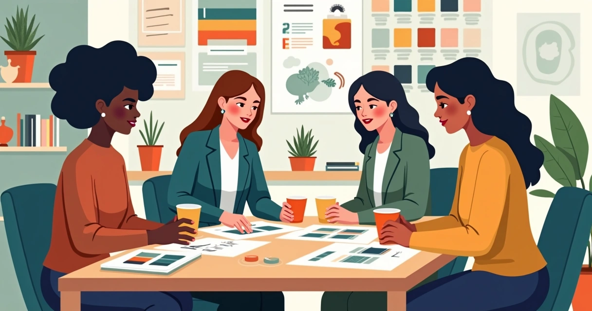 Diversos elementos de identidade visual feminina, incluindo paleta de cores e logotipo diversificado 