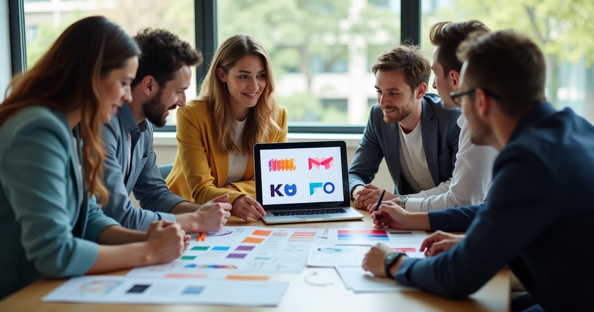 Profissionais de marketing ajustando cores e formas de logotipo na tela de um notebook 