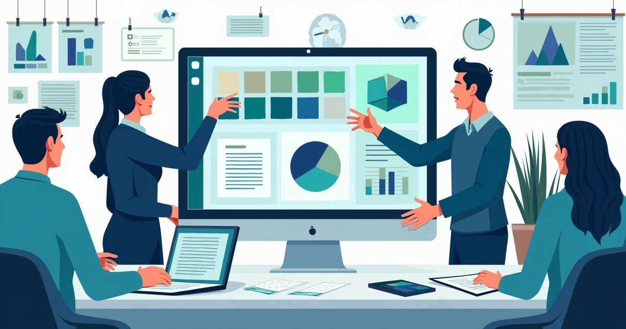 Equipe discutindo identidade visual em tela