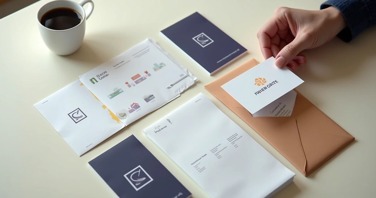 Itens de papelaria de uma pequena empresa com padrão visual de marca 