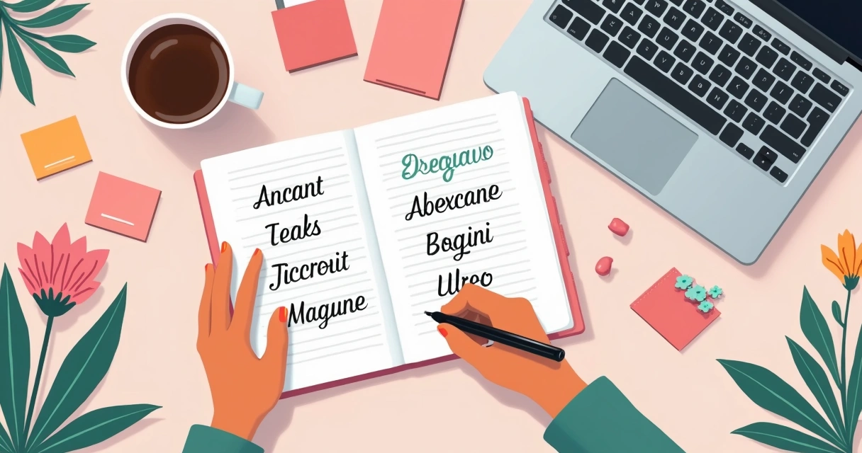 Caderno com ideias de nomes escritos à mão ao lado de um laptop 