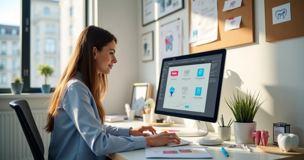 Designer criando identidade visual para clínica odontológica com computador e referências de logotipos 
