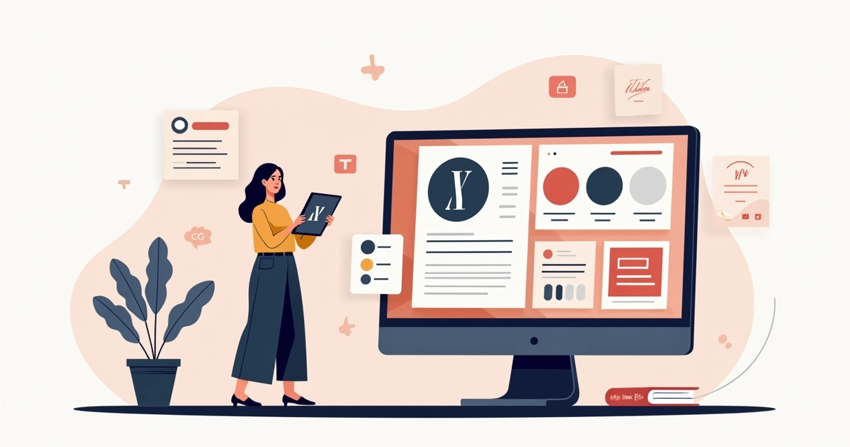 Ilustração de mulher empreendedora analisando identidade visual da empresa em tela de computador 