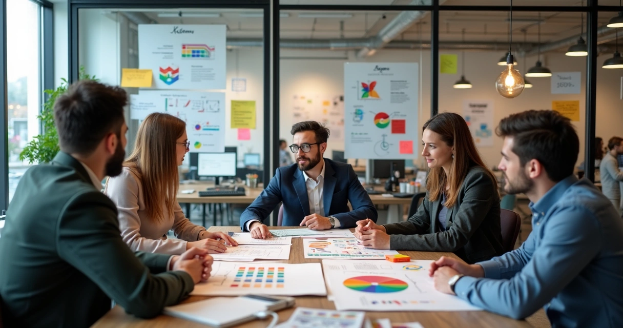 Equipe discutindo identidade visual em reuniões 