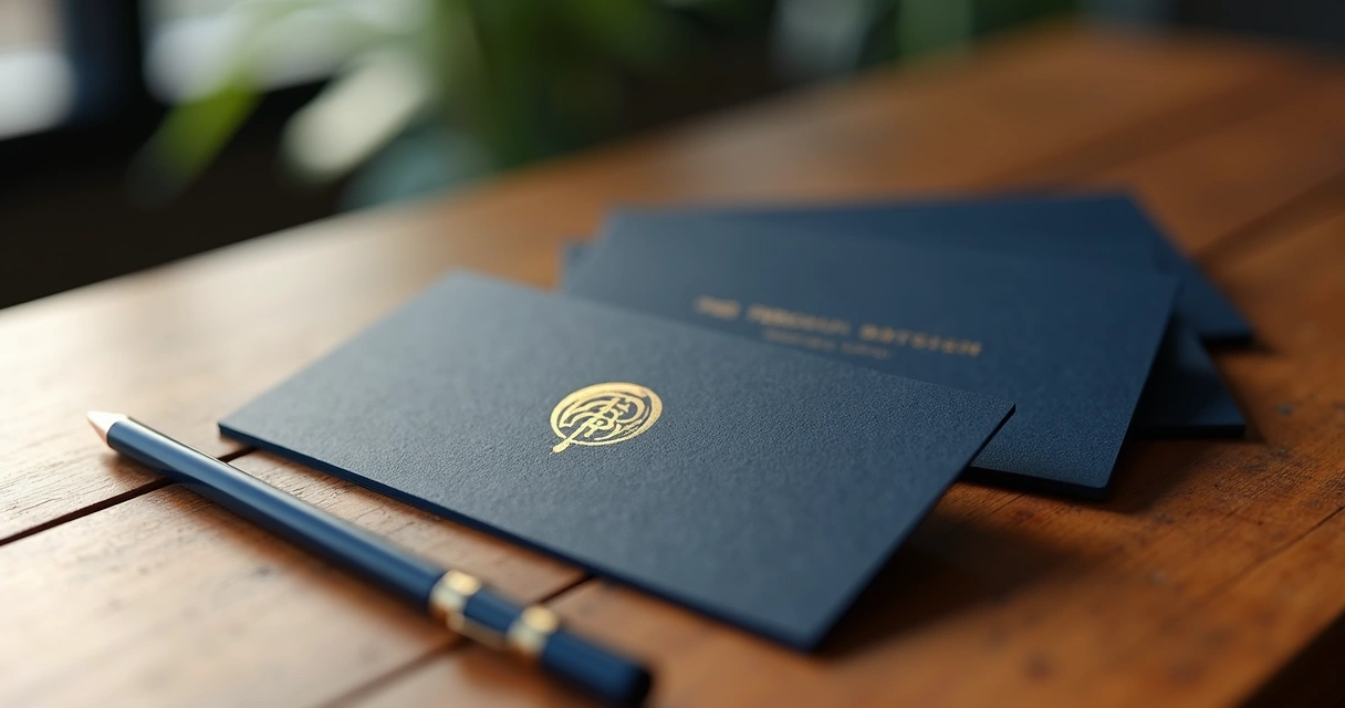 Cartões de visita sobre uma mesa, com um logotipo minimalista em destaque 