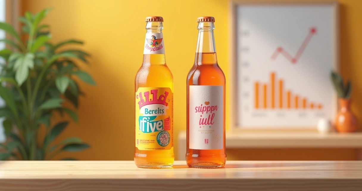 Rótulo de bebida com logotipo colorido e design impactante ao lado de embalagem simples 