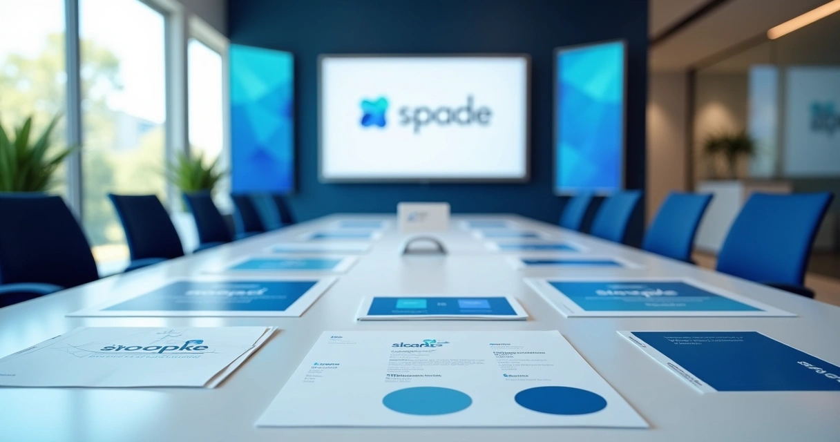 Sala de reuniões moderna com materiais de identidade visual, logotipos, cartões, e paleta de cores expostos sobre a mesa