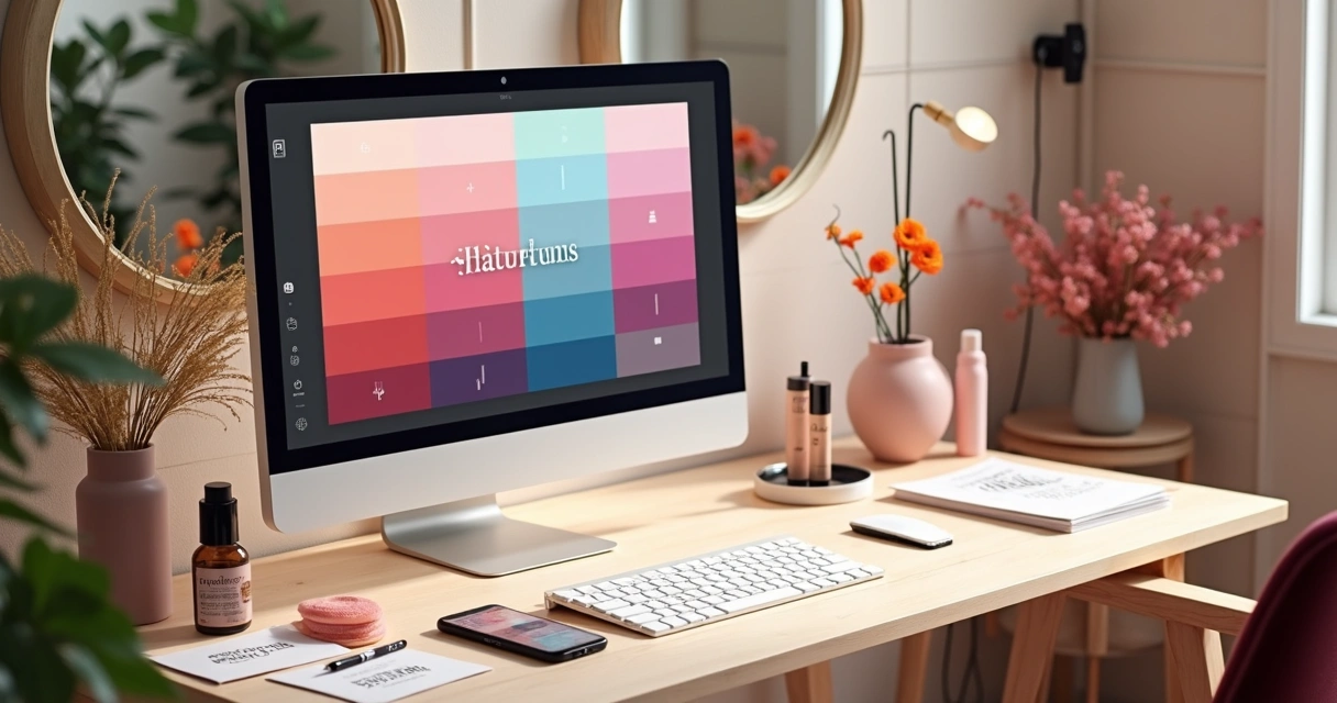 Paleta de cores, logotipo e cartões de visita de um salão de beleza 