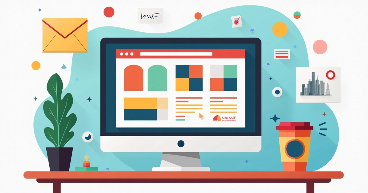 Tela de computador com paleta de cores, logo e site em desenvolvimento 