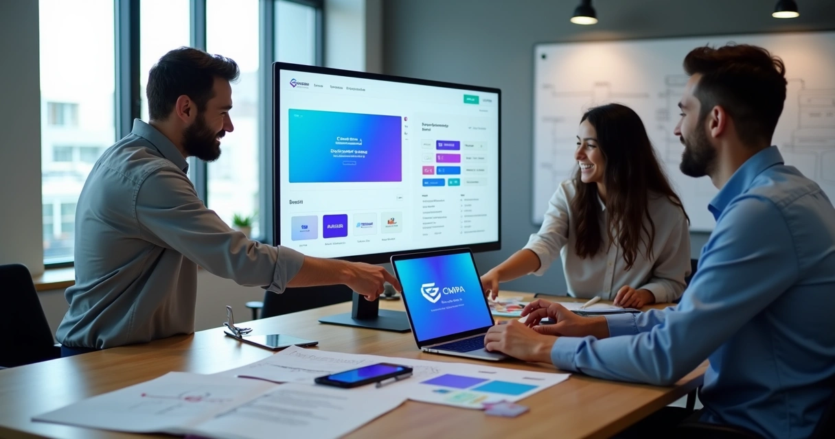 Equipe de startup de tecnologia definindo identidade visual na tela do computador 