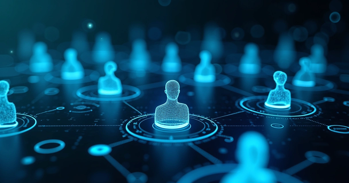 Interface com múltiplas identidades digitais e robôs conectados a dados corporativos 