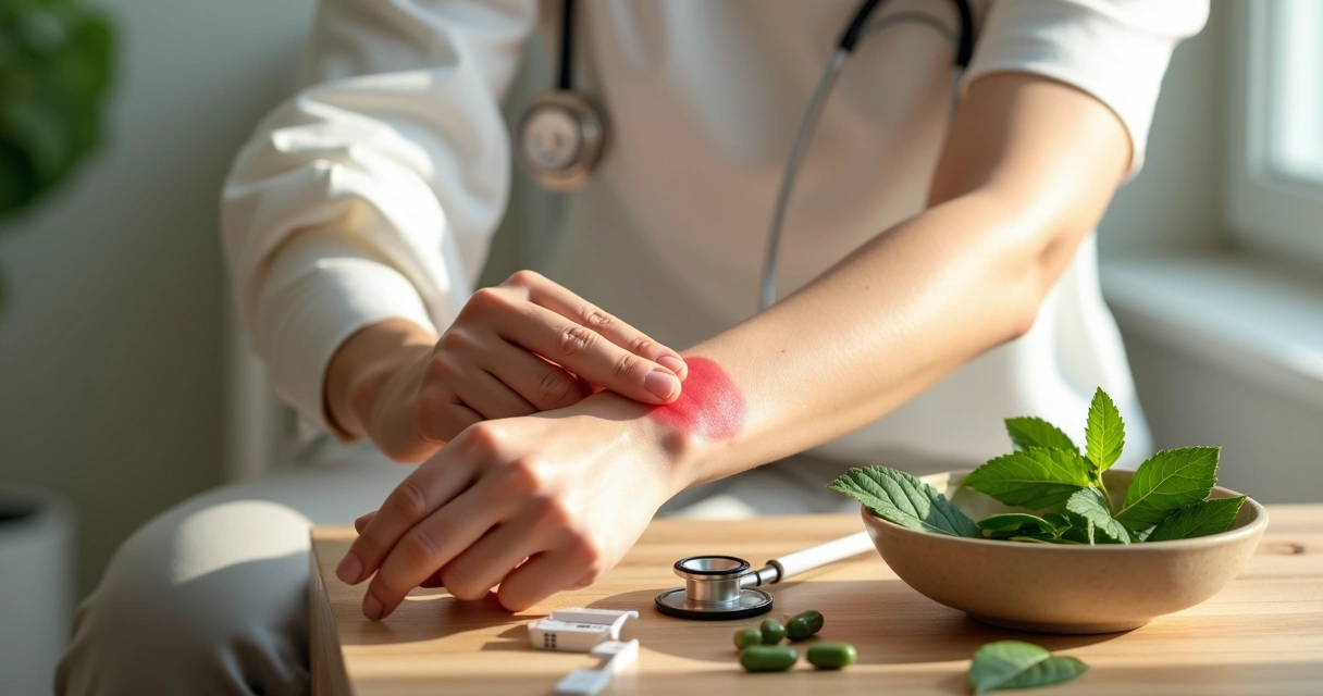 Pessoa examinando a pele com vermelhidão e coceira após contato com moringa 