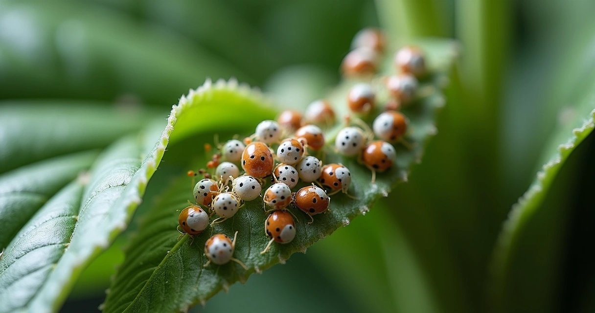Cochonilha branca em folha de planta, detalhes em close 