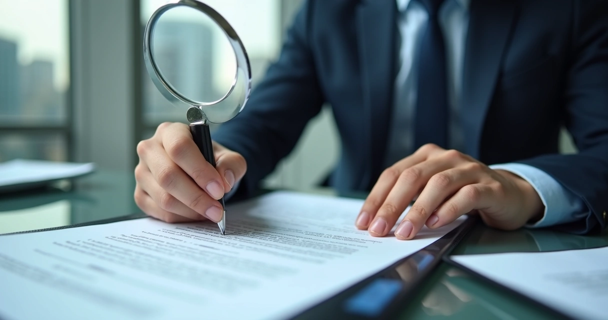 Pessoa revisando contrato com lupa na mesa de escritório 