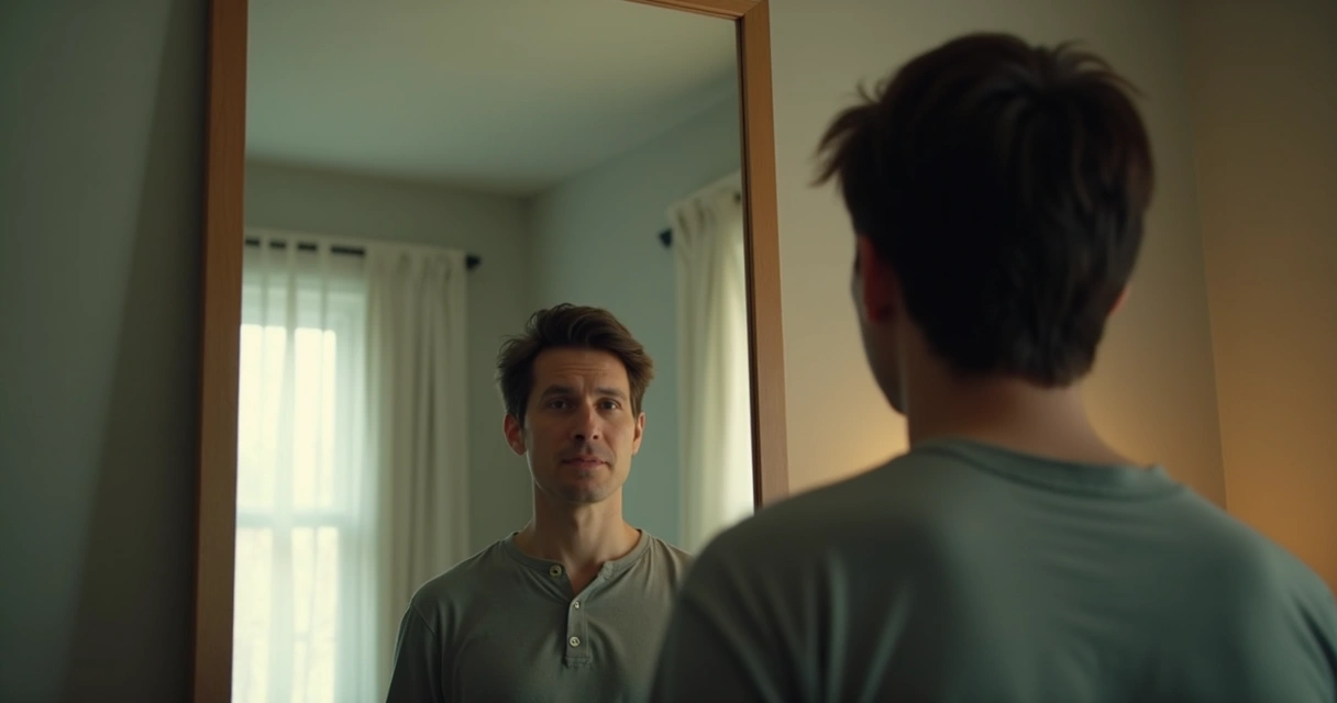 Pessoa olhando para o espelho, refletindo sobre crenças pessoais