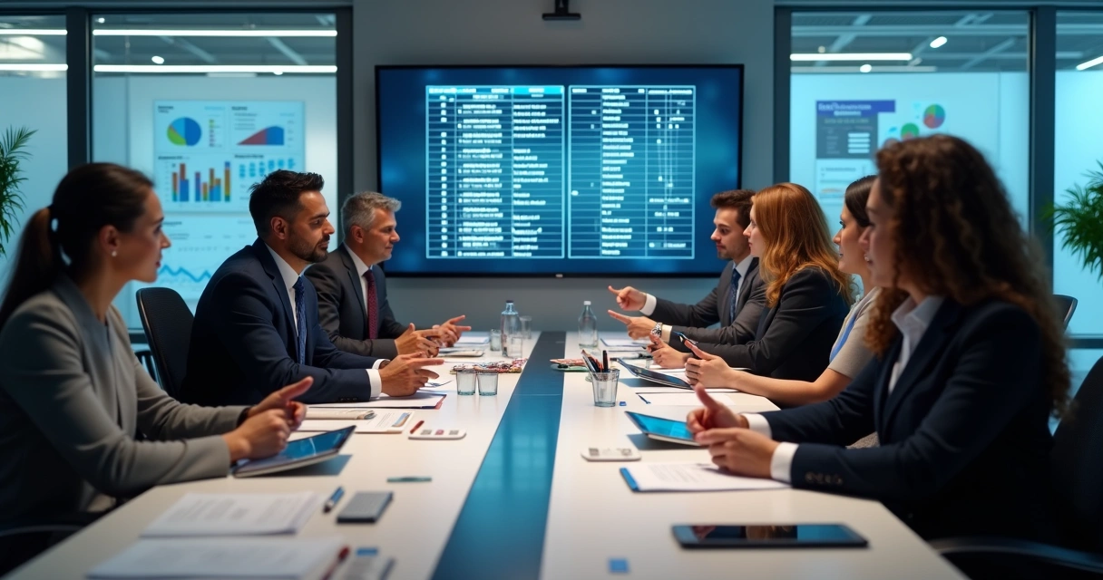 Equipe reunida analisando dados críticos em escritório moderno 