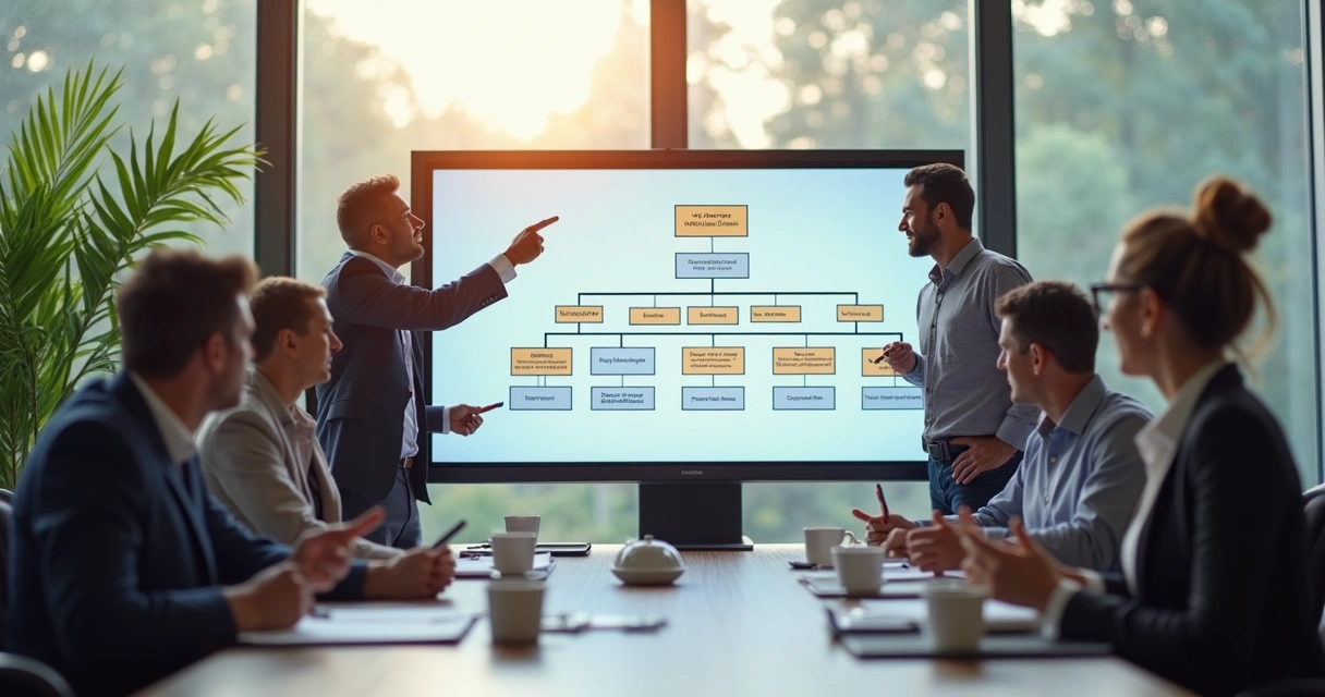Equipe analisando organograma para identificar decisores 