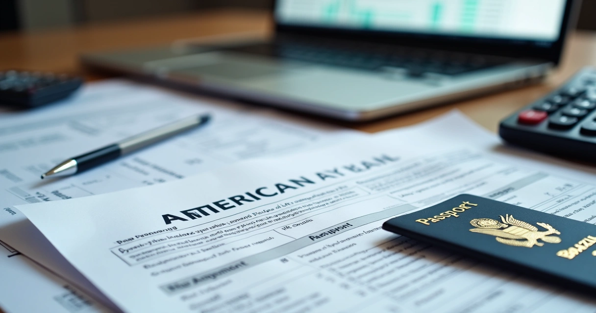 Taxpayer ID nos EUA: Guia Rápido para Brasileiros 1 Documentos fiscais americanos, ITIN, EIN e passaporte brasileiro sobre uma mesa de trabalho