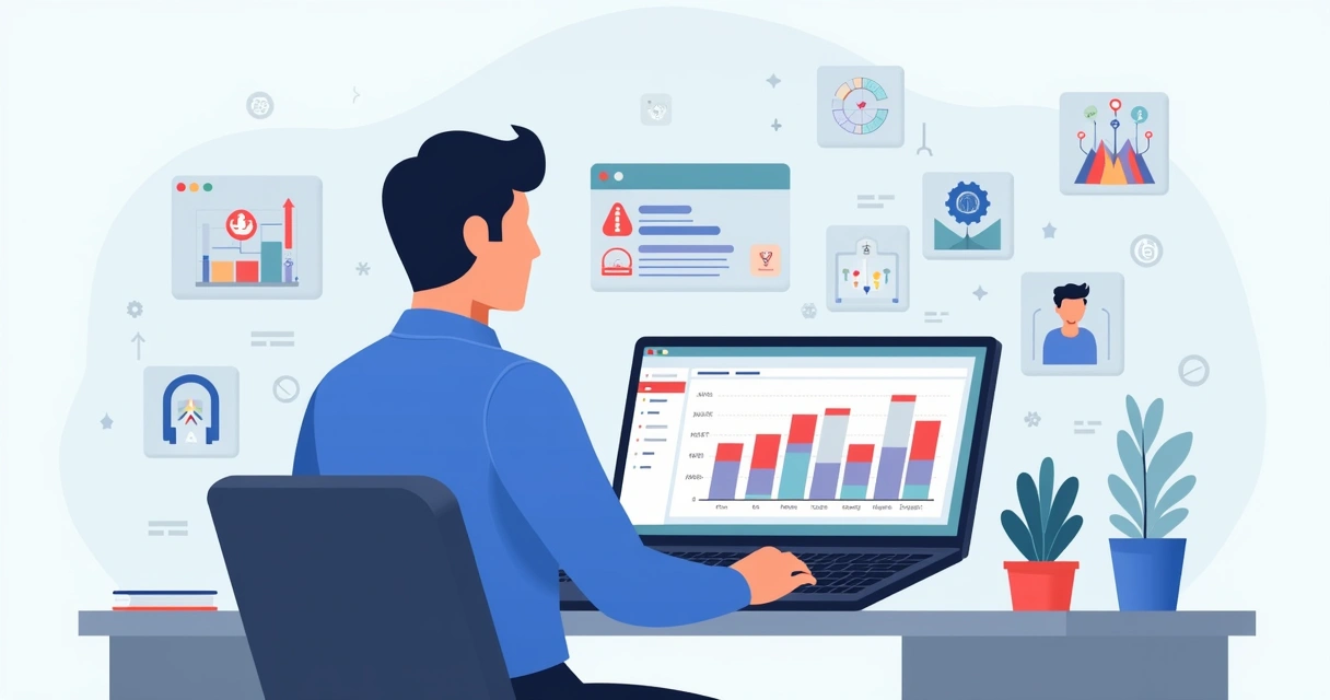 Ilustração de gestor analisando um gráfico de projeto com indicadores de gargalos destacados no Microsoft Project 