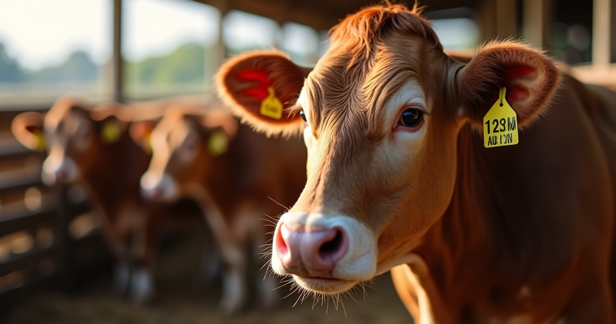 Etiqueta de identificação em boi em close no curral 
