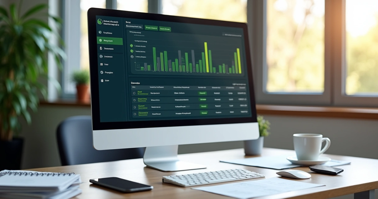 Tela de computador mostrando integração financeira em ambiente de escritório. 