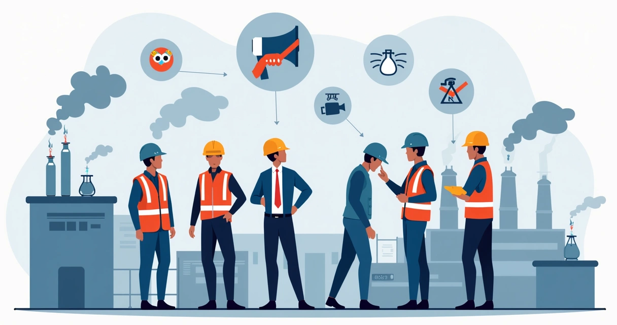 Ilustração corporativa plana mostrando profissionais de segurança do trabalho identificando riscos ambientais no ambiente industrial com equipamentos de proteção e elementos representando agentes noci