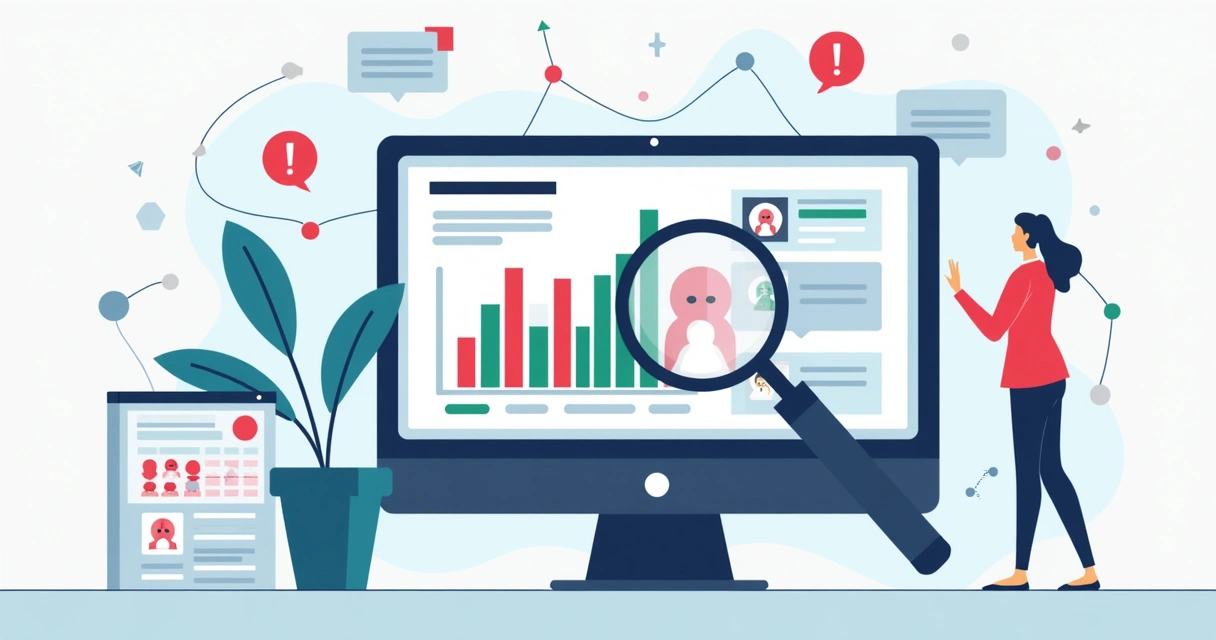 Ilustração corporativa mostrando análise digital de seguidores falsos em redes sociais com gráficos e alertas visuais 